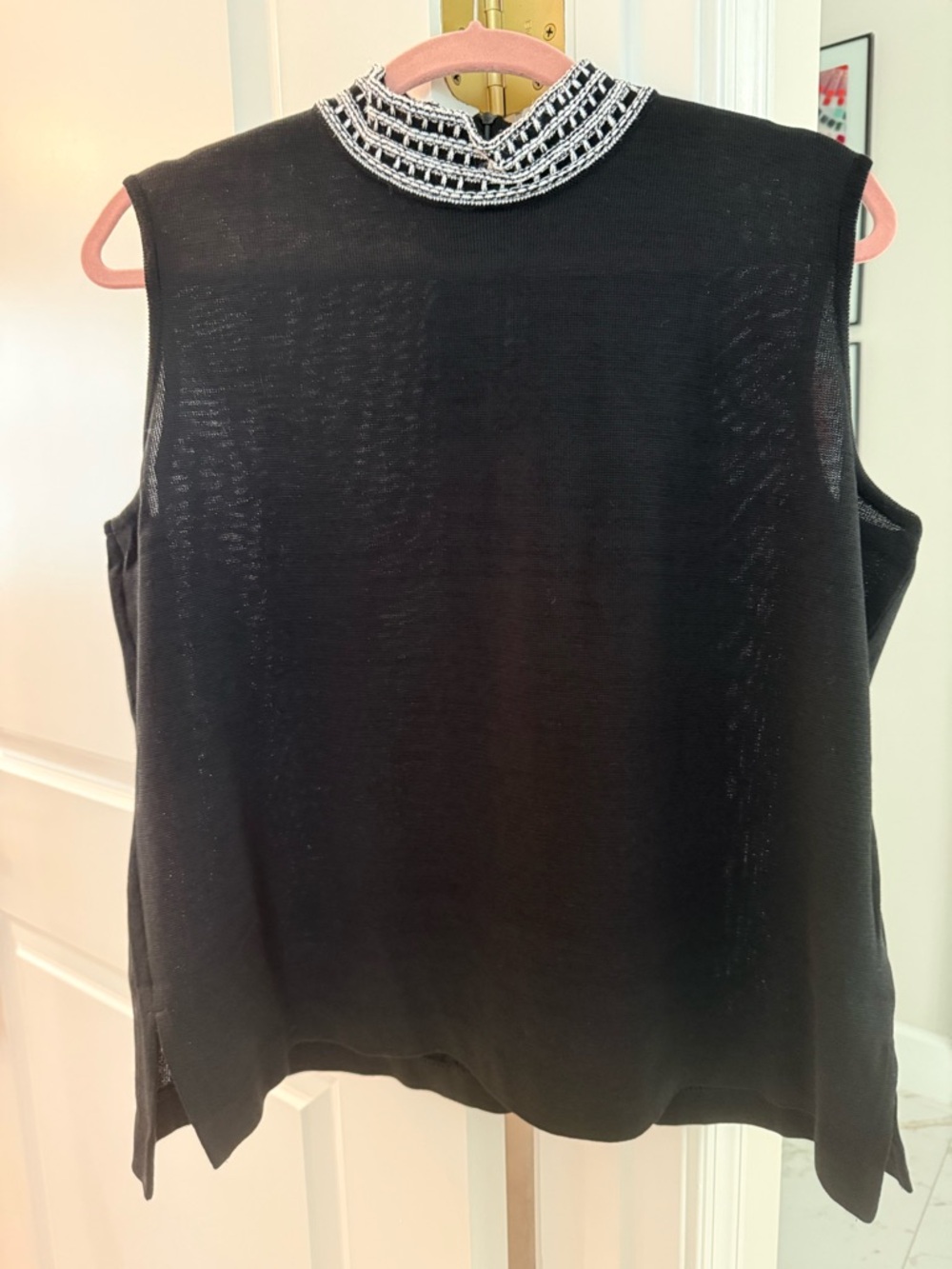 Misook Black Sleeveless Knit Tank with Beaded Collar